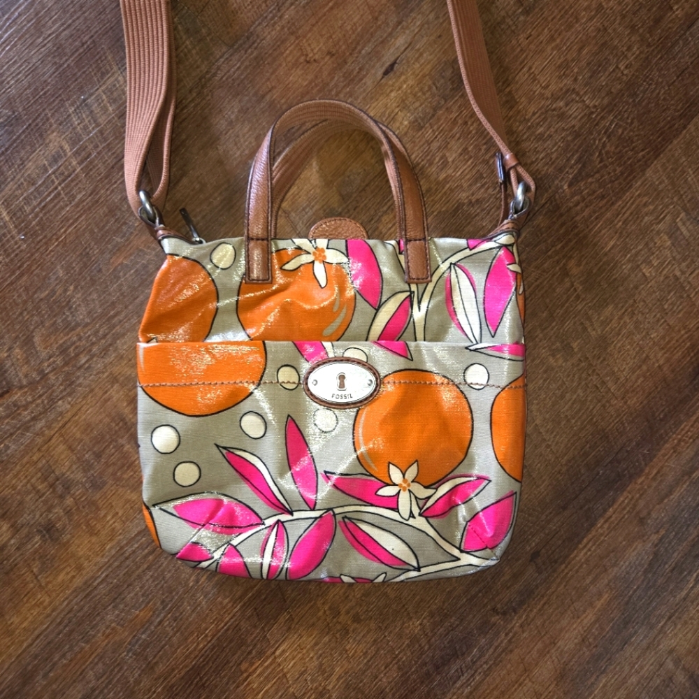 Y2K Fossil Key-Per Pink Brown Orange Blossom Tote Bag Shoulder Bag Crossbody VTG
